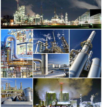 Collage von Industriegebäuden - Produktion und Herstellung in der chemischen Industrie // pipelines and factorys in the industry